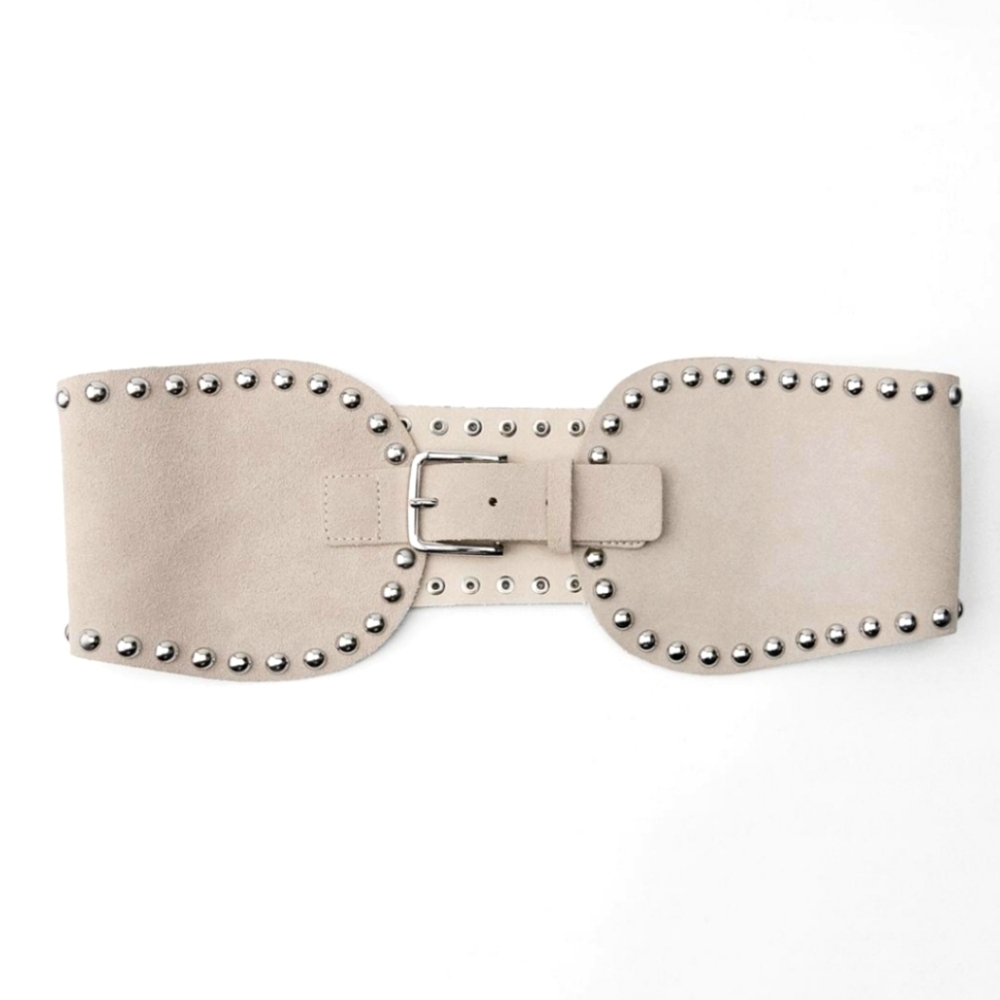 Zara Beige Suede Studded Wide Belt with Silver Buckle